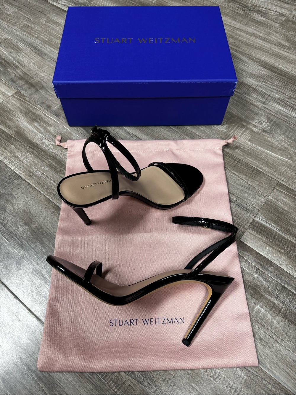 Stuart Weitzman Black Patent Open-Toe Ankle-Strap Heels